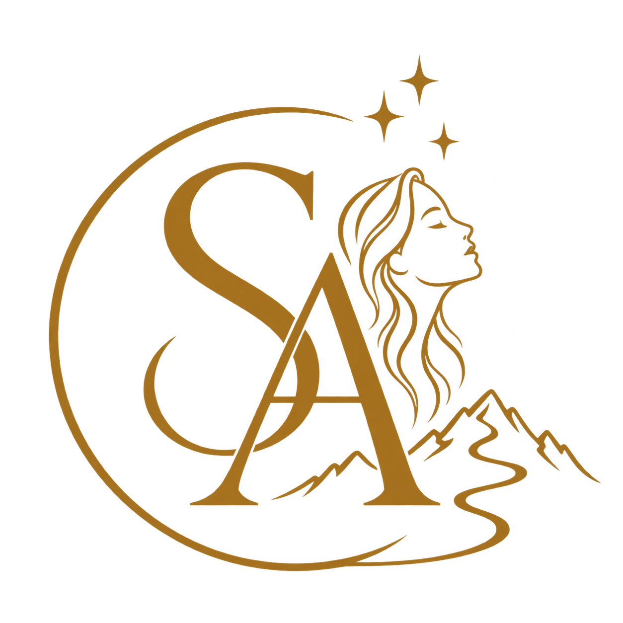 She Ascents gold SA monogram with a woman’s profile, three stars and a path ascending the mountains